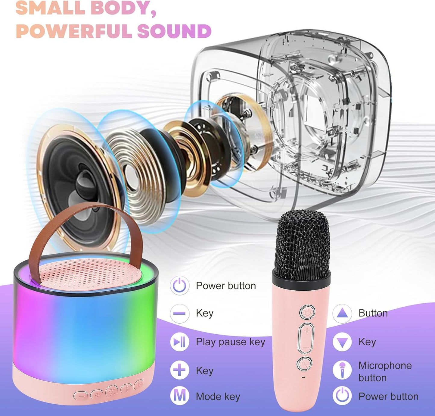 Portable Bluetooth Karaoke Machine with 2 Microphones RGB LED Dynamic Bluetooth Speaker Pink