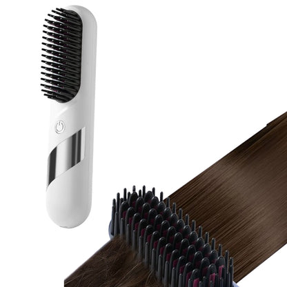 2-in-1 Cordless Hair Straightener Brush Portable Hair Comb with LED Display Hair Styling Tool White