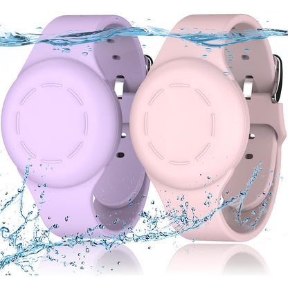 2Pcs Waterproof Air Tag Bracelets for Kids Anti Lost GPS Item Finders Case Cover Compatible with Apple Airtag-Purple and Pink