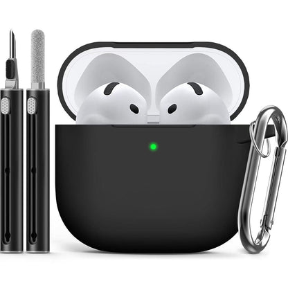 Compatible with Apple Airpods 4 Silicone Full Case Keychain and Cleaner Kit Black