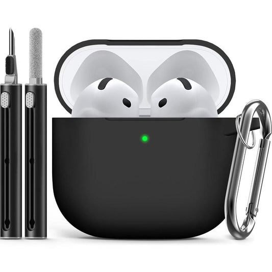 Compatible with Apple Airpods 4 Silicone Full Case Keychain and Cleaner Kit Black