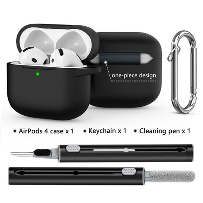 Compatible with Apple Airpods 4 Silicone Full Case Keychain and Cleaner Kit Black