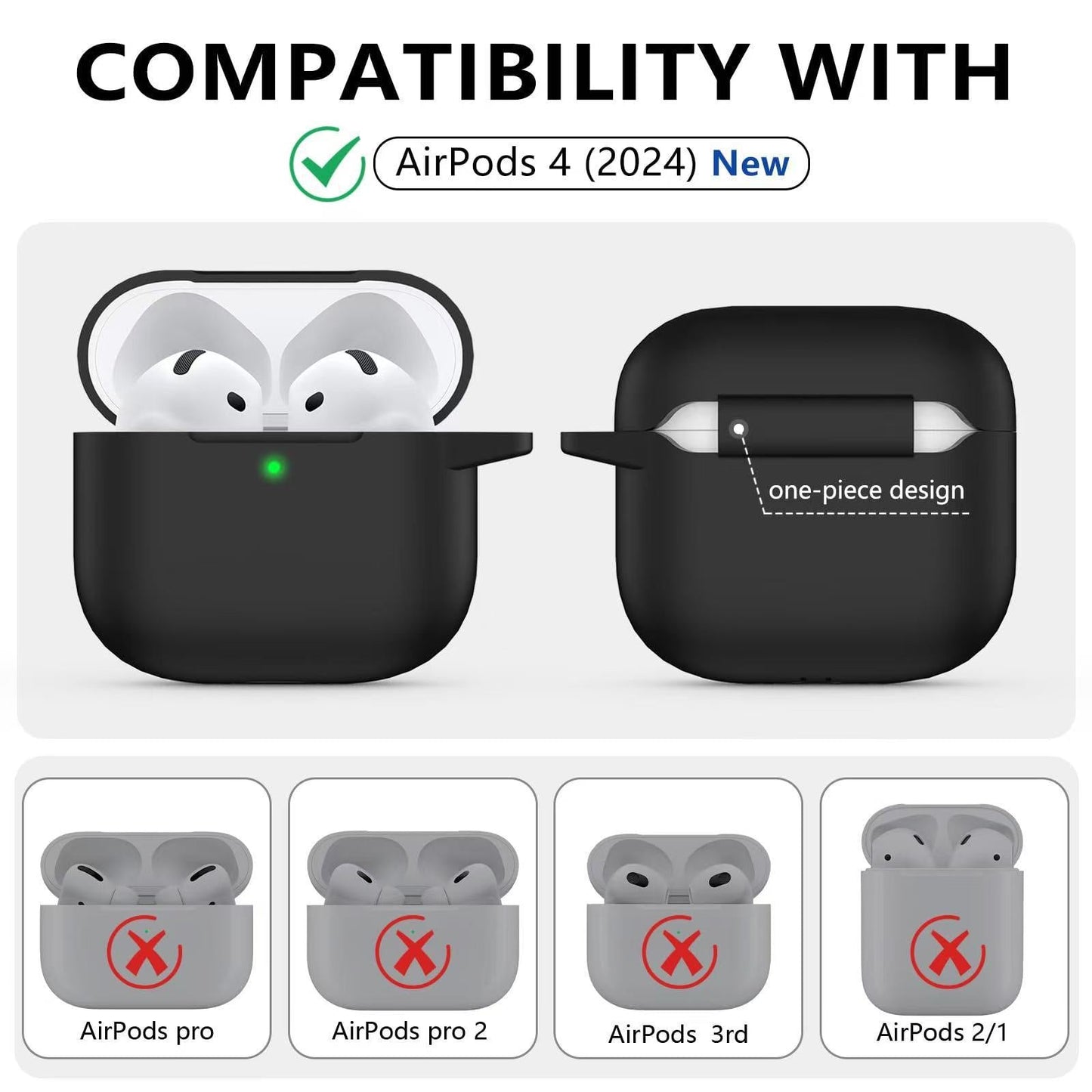 Compatible with Apple Airpods 4 Silicone Full Case Keychain and Cleaner Kit Black