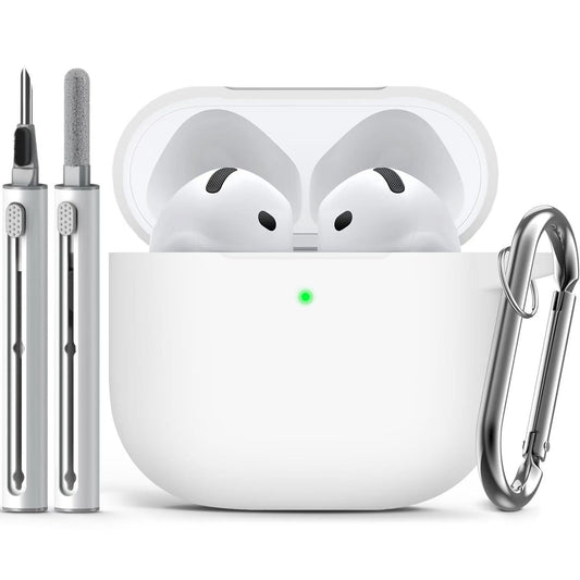 Compatible with Apple Airpods 4 Silicone Full Case Keychain and Cleaner Kit White