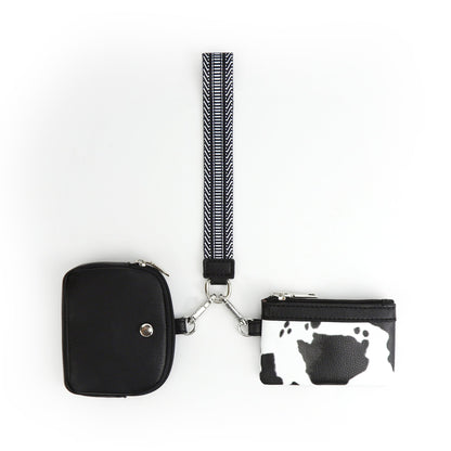 Mini Zip Around Dual Pouch Wristlet With Strap Wristlet Keychain Wallet Coin Purse Cow Print Style