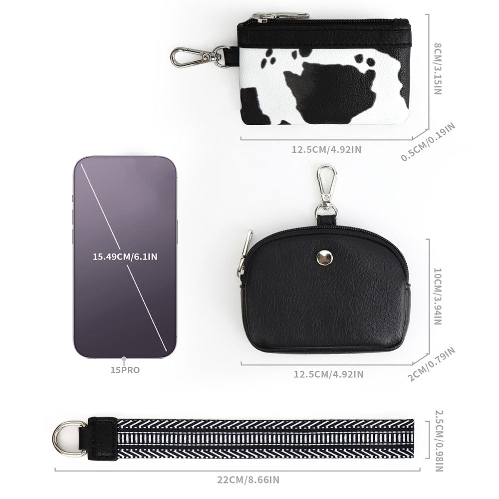 Mini Zip Around Dual Pouch Wristlet With Strap Wristlet Keychain Wallet Coin Purse Cow Print Style