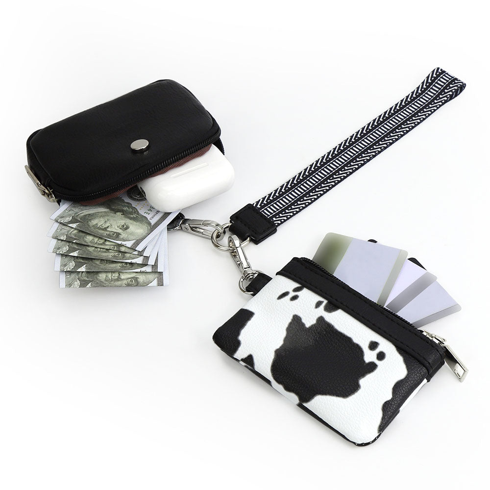 Mini Zip Around Dual Pouch Wristlet With Strap Wristlet Keychain Wallet Coin Purse Cow Print Style