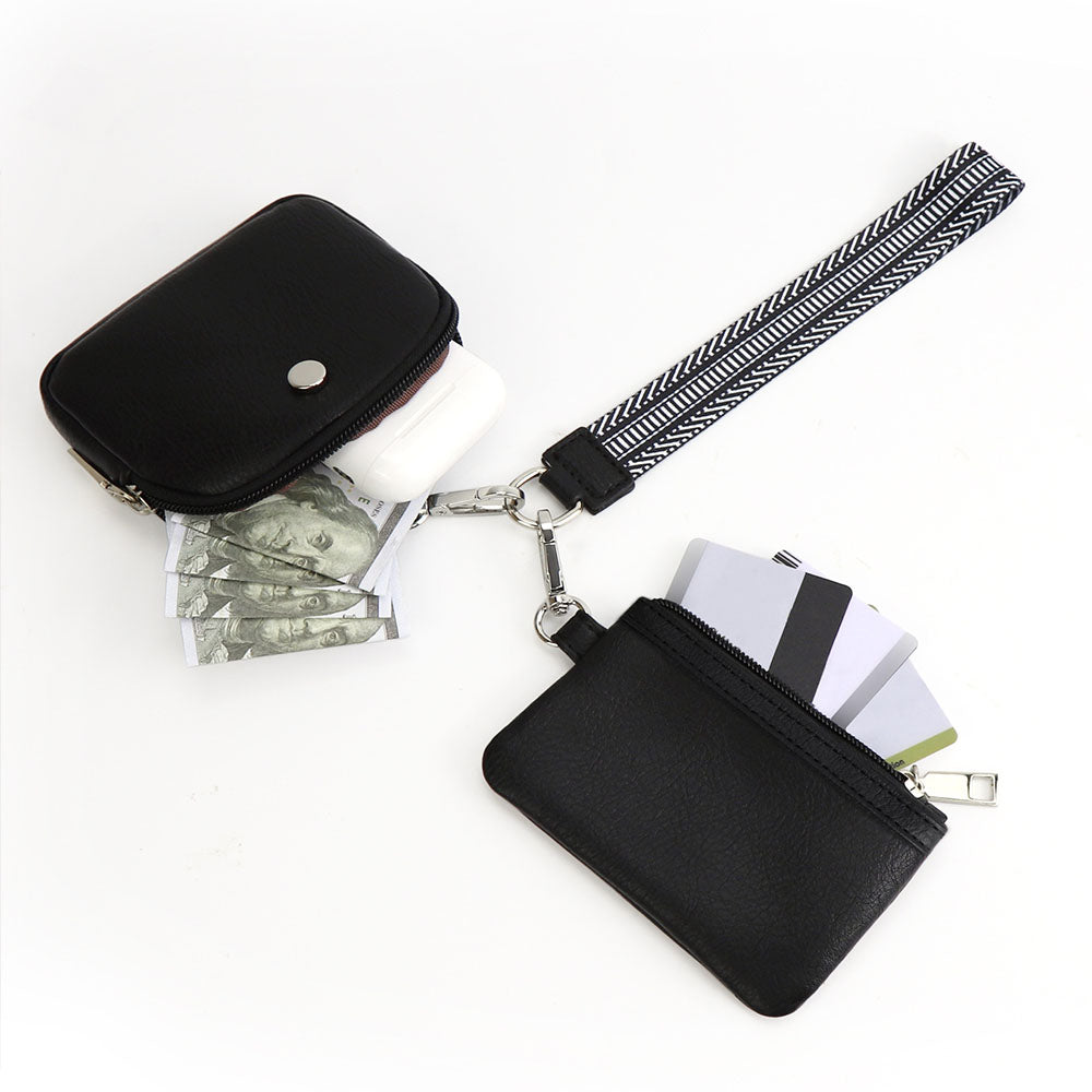 Mini Zip Around Dual Pouch Wristlet With Strap Wristlet Keychain Wallet Coin Purse Pure Black Style