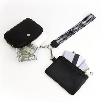 Mini Zip Around Dual Pouch Wristlet With Strap Wristlet Keychain Wallet Coin Purse Pure Black Style