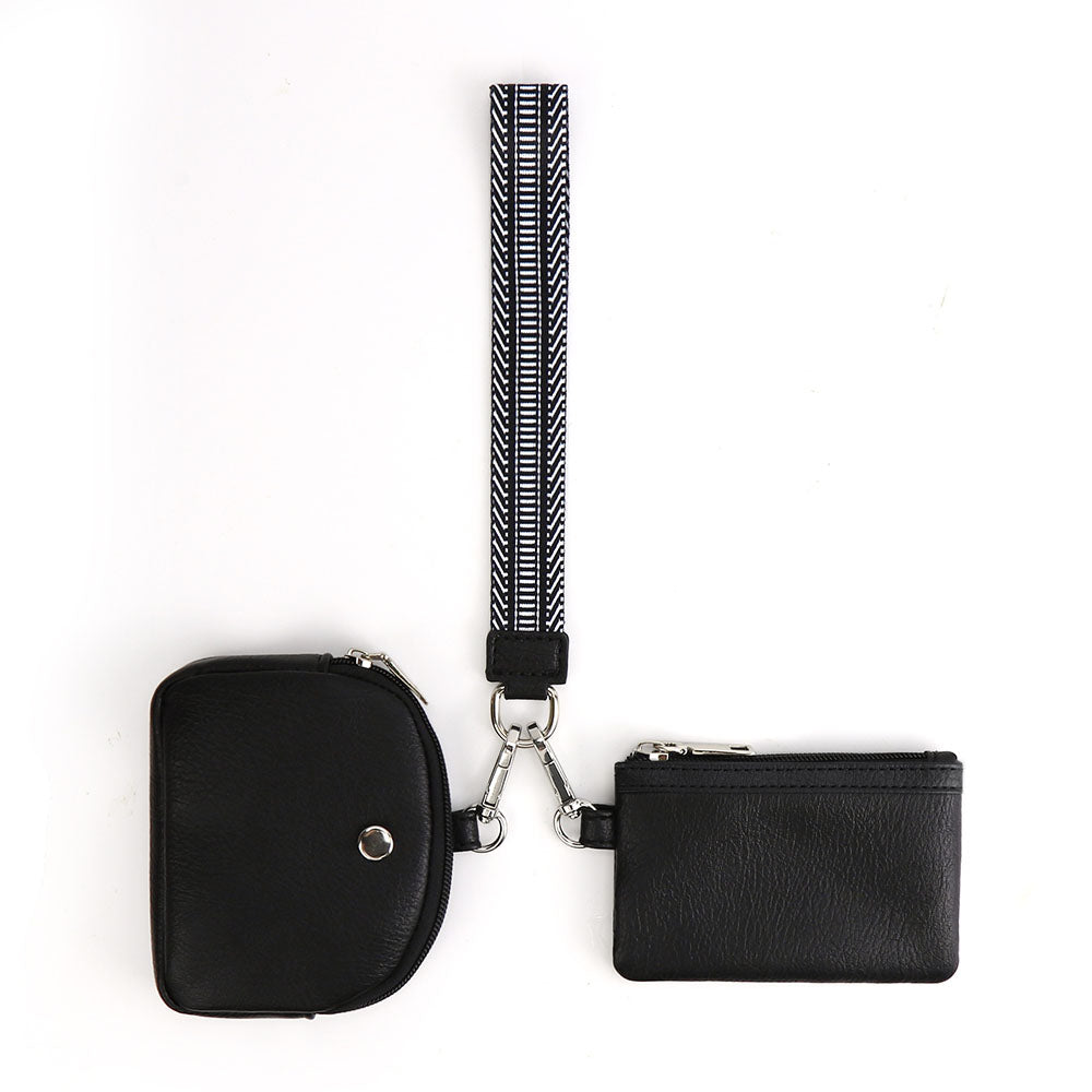 Mini Zip Around Dual Pouch Wristlet With Strap Wristlet Keychain Wallet Coin Purse Pure Black Style