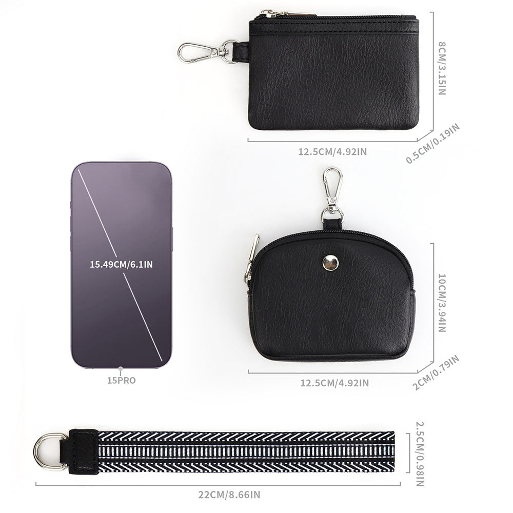 Mini Zip Around Dual Pouch Wristlet With Strap Wristlet Keychain Wallet Coin Purse Pure Black Style
