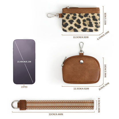 Mini Zip Around Dual Pouch Wristlet With Strap Wristlet Keychain Wallet Coin Purse Leopard Style