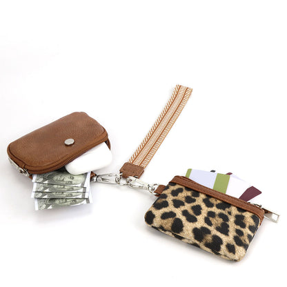 Mini Zip Around Dual Pouch Wristlet With Strap Wristlet Keychain Wallet Coin Purse Leopard Style