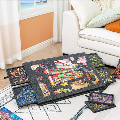 2-in-1 Puzzle Board Portable Felt Jigsaw Puzzle Table with 6 Drawer Covers
