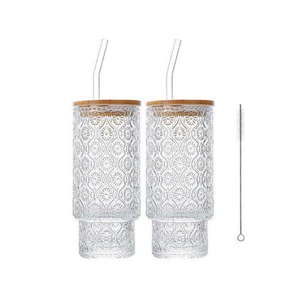 2Pcs Drinking Glasses with Straw and Lids Kitchen Water Glass Cup Bar Tumbler Glassware Set for Beer Juice Begonia Style