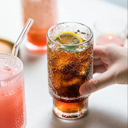 2Pcs Drinking Glasses with Straw and Lids Kitchen Water Glass Cup Bar Tumbler Glassware Set for Beer Juice Begonia Style