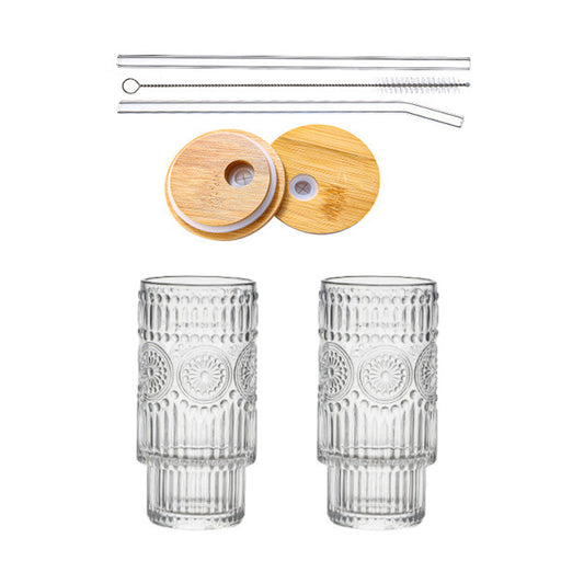 2Pcs Drinking Glasses with Straw and Lids Kitchen Water Glass Cup Bar Tumbler Glassware Set for Beer Juice Sunflower Style
