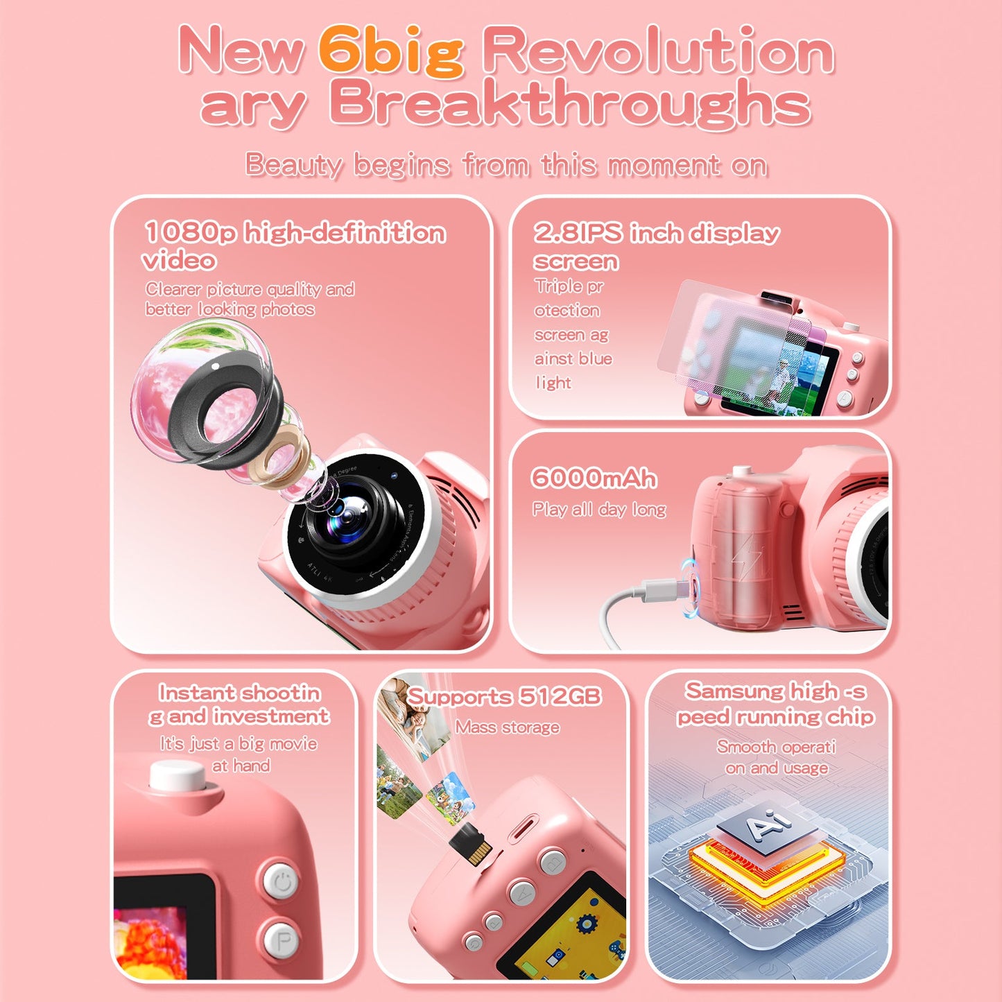 1080P Video Recording Camera with Projector Digital Camera with Tripod and 64GB TF Card for Girls and Boys Pink