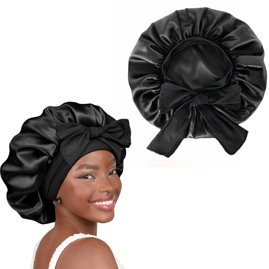 Polyester Bonnet for Sleeping Women Night Cap with Tie Band Black
