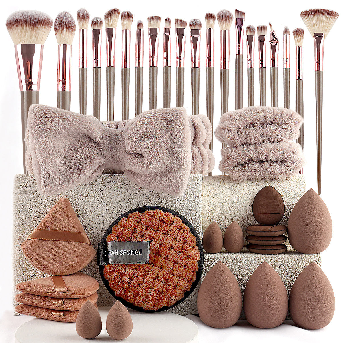 40Pcs Makeup Brush Set with Sponges  Cleansing Pads Headband Wristbands-Coffee