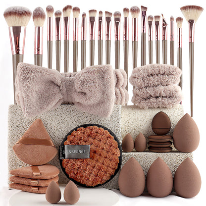 40Pcs Makeup Brush Set with Sponges  Cleansing Pads Headband Wristbands-Coffee