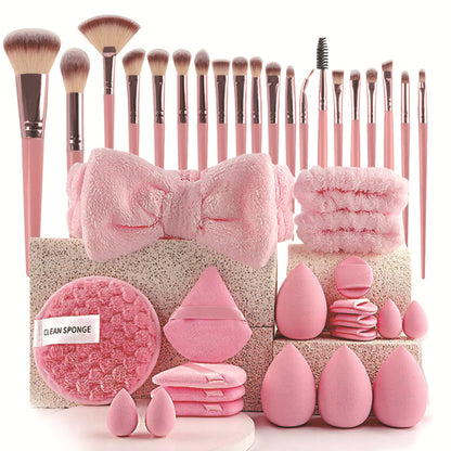 40Pcs Makeup Brush Set with Sponges  Cleansing Pads Headband Wristbands-Pink