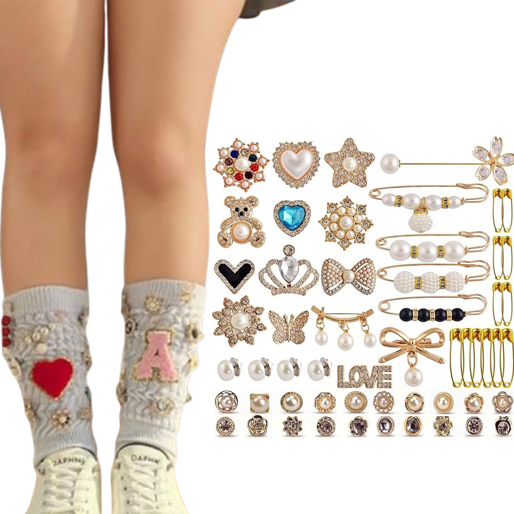 55Pcs Sock Charms Pearl Rhinestone Pin Brooch Decoration for Socks Clothing