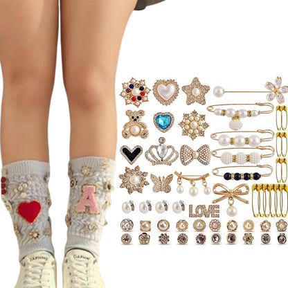 55Pcs Sock Charms Pearl Rhinestone Pin Brooch Decoration for Socks Clothing