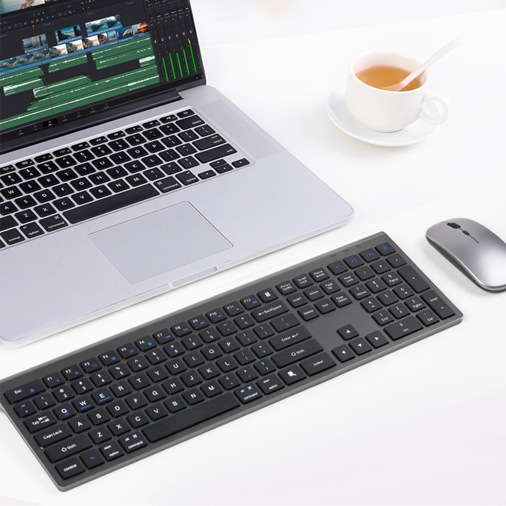 Rechargeable Wireless Keyboard and Mouse Set with 3-Mode Connection Grey Black