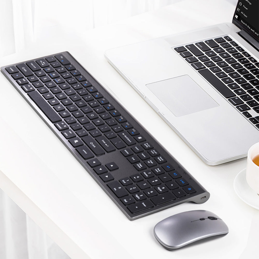 Rechargeable Wireless Keyboard and Mouse Set with 3-Mode Connection Grey Black