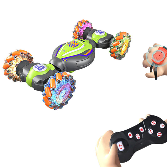 Gesture Sensing RC 4WD Twist Stunt Car Toy 2.4G Remote Control Rotating Car Toy with Lights Music Green