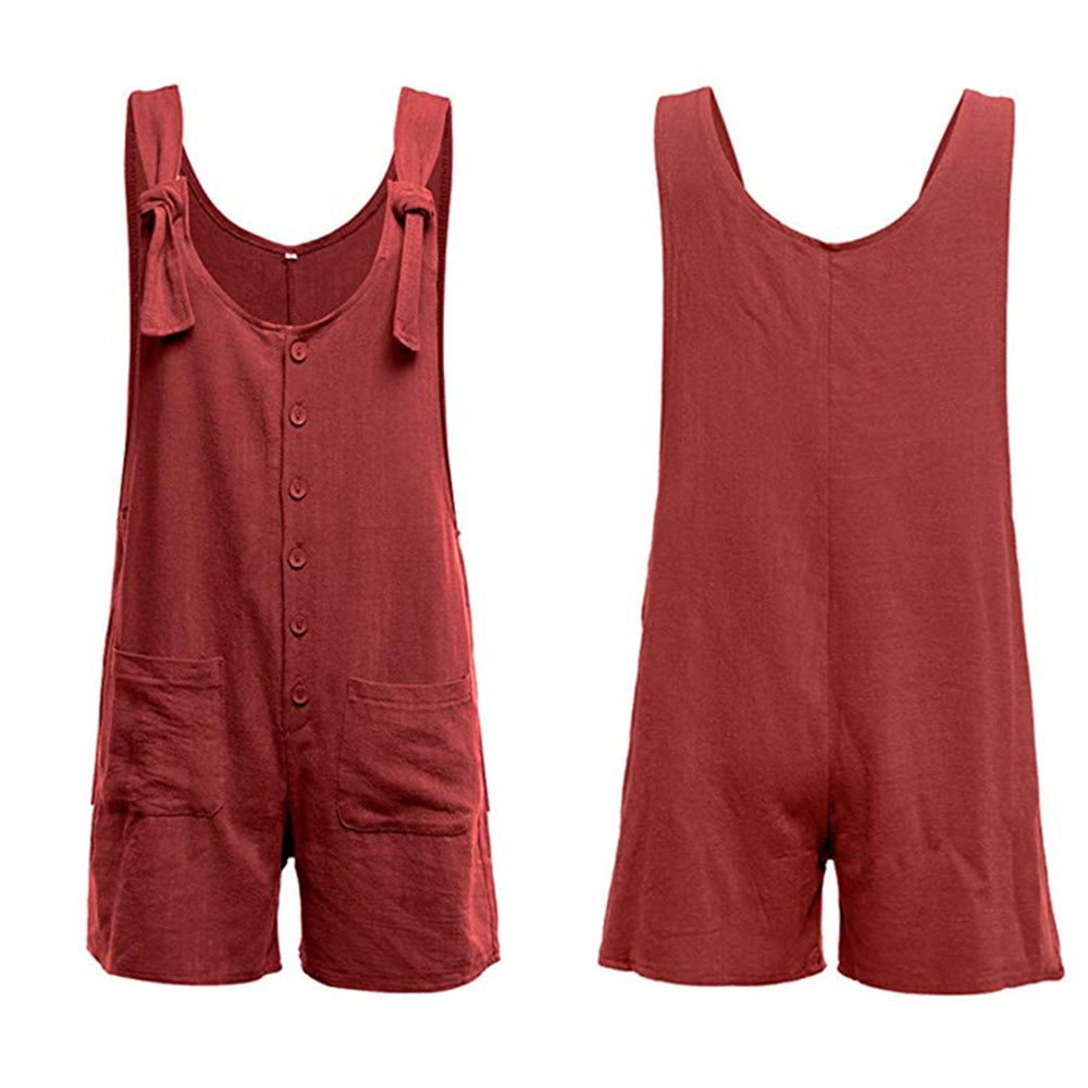 Womens Cotton Short Jumpsuit with Adjustable Straps and Side Pockets-Wine Red