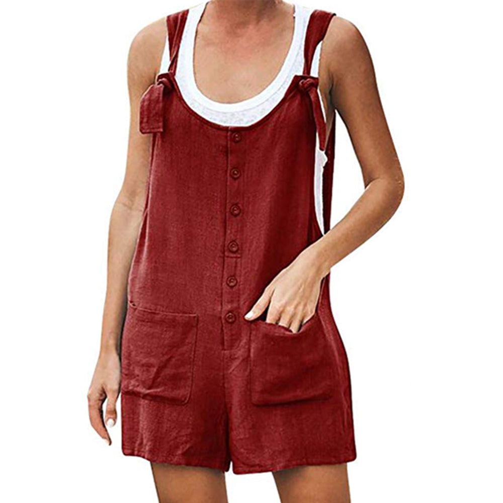 Womens Cotton Short Jumpsuit with Adjustable Straps and Side Pockets-Wine Red