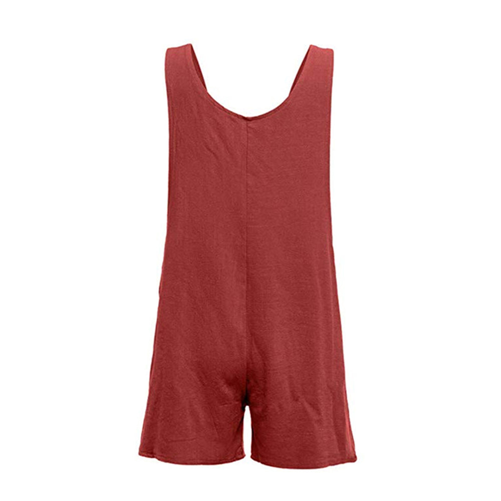 Womens Cotton Short Jumpsuit with Adjustable Straps and Side Pockets-Wine Red