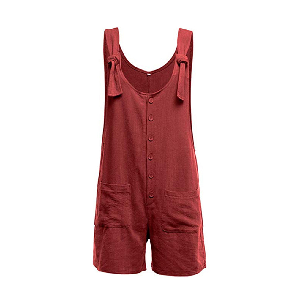 Womens Cotton Short Jumpsuit with Adjustable Straps and Side Pockets-Wine Red