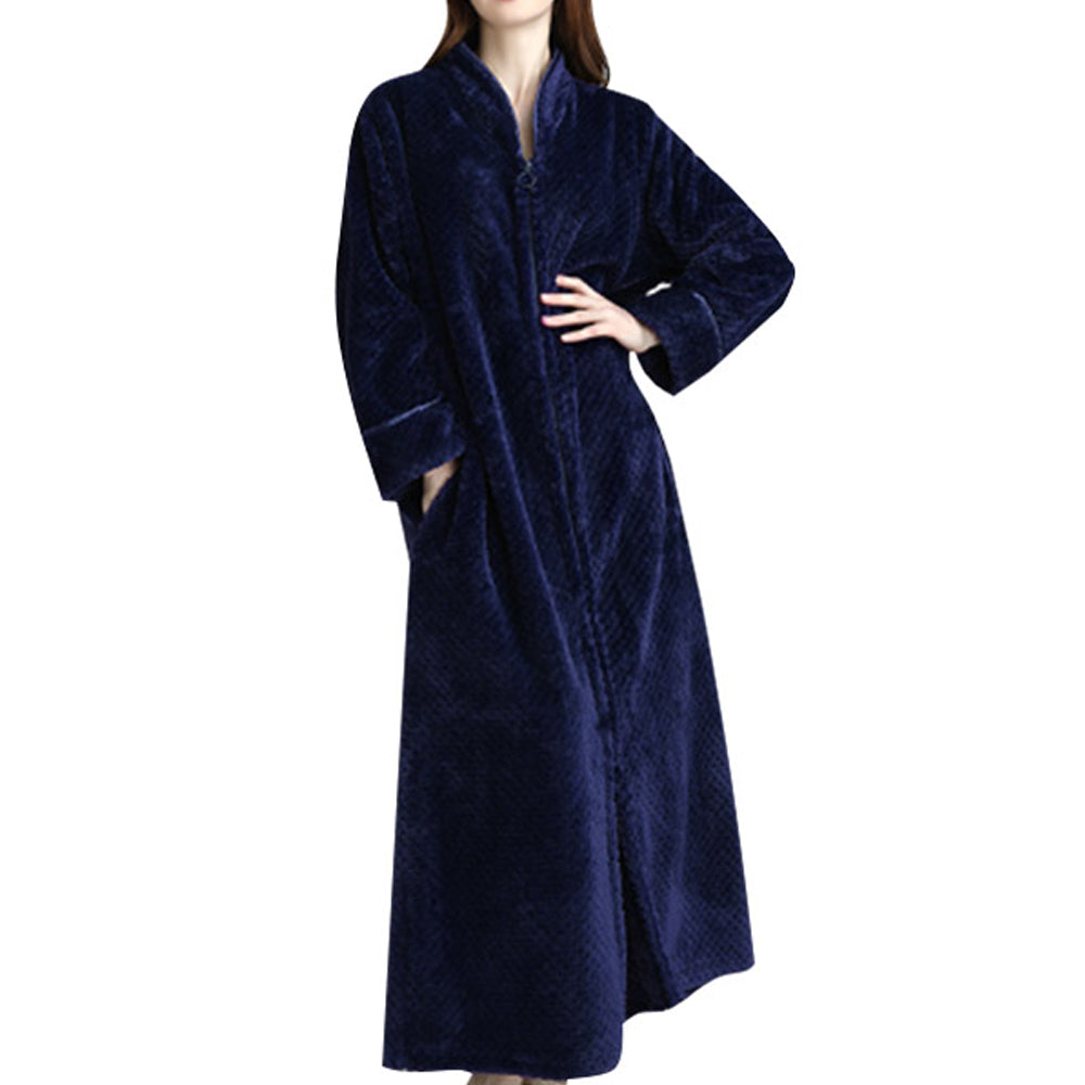 Women Plush Zipper Lounger Robe Navy blue