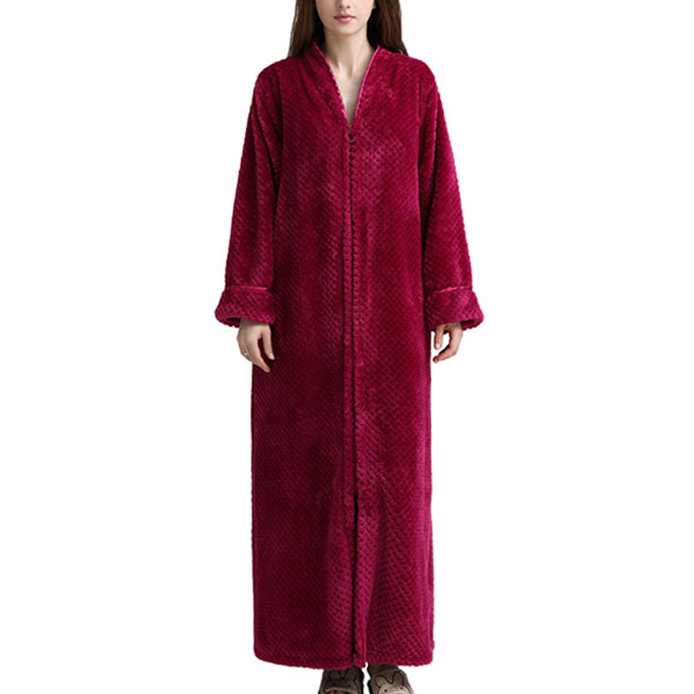Women Plush Zipper Lounger Robe Wine Red