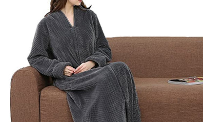 Women Plush Zipper Lounger Robe Grey