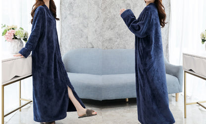 Women Plush Zipper Lounger Robe Navy blue