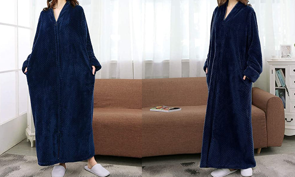Women Plush Zipper Lounger Robe Navy blue