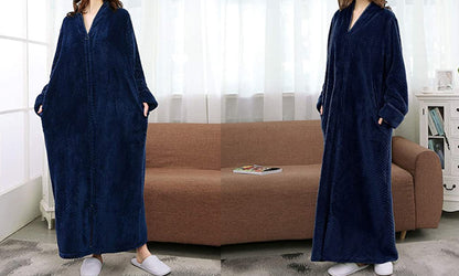 Women Plush Zipper Lounger Robe Navy blue
