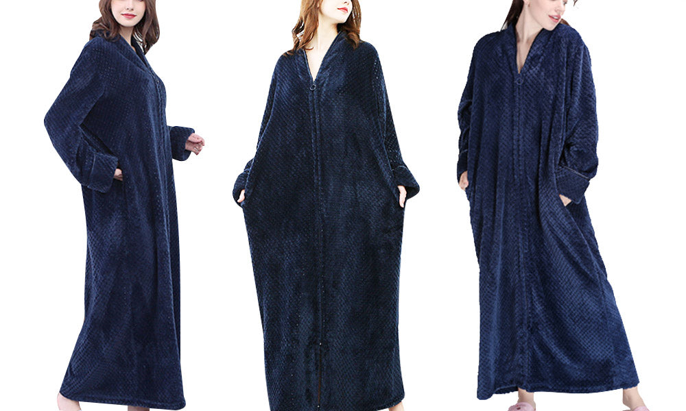 Women Plush Zipper Lounger Robe Navy blue