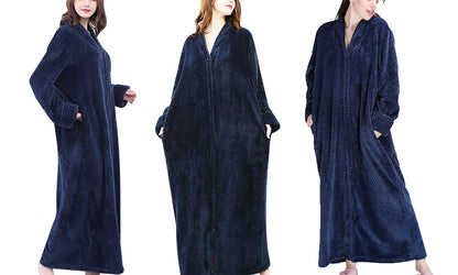 Women Plush Zipper Lounger Robe Navy blue