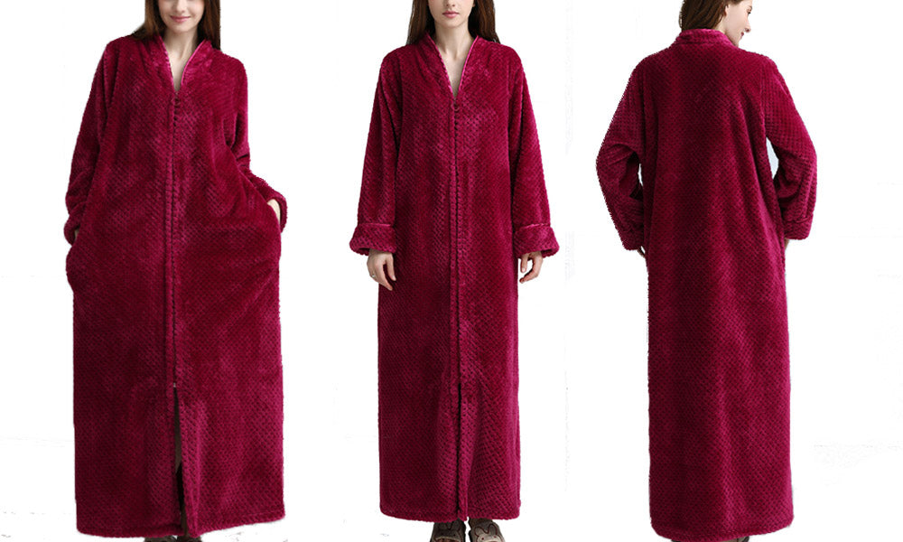 Women Plush Zipper Lounger Robe Wine Red