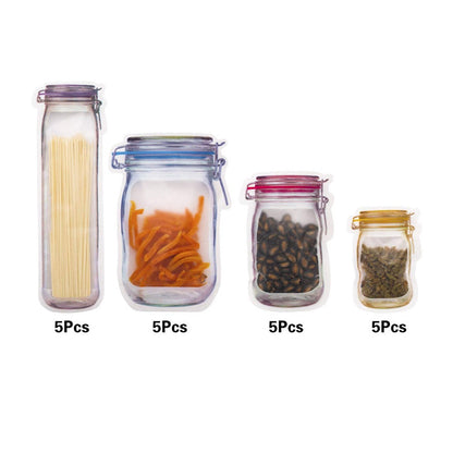Set of 20pcs Mason Jar Ziplock Bags Fresh Food Storage Bags Reusable Nuts Candy Cookies Bags Sealed Kitchen Organizers