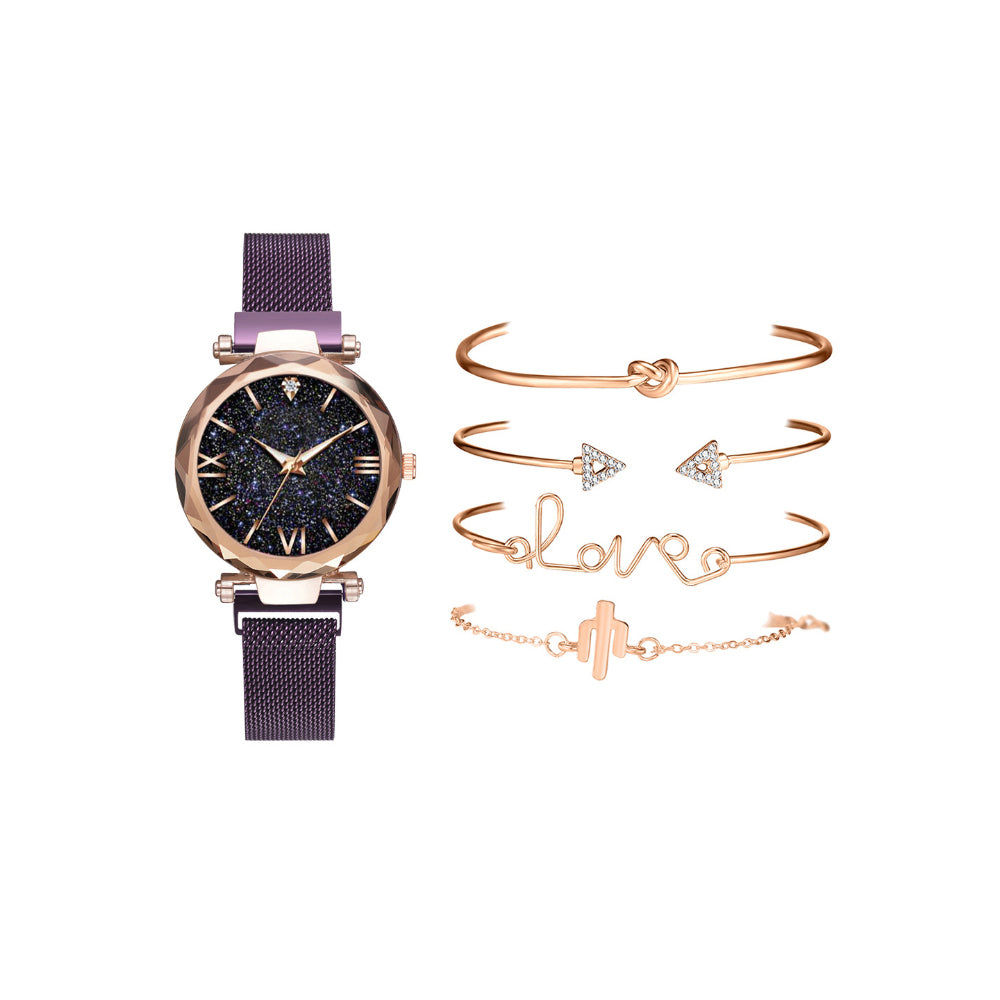 Women Watch and Bracelet Set Magnet Buckle Watch Quartz Wristwatch Bracelet Set Fashion Accessories for Women Girls