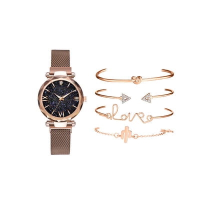 Women Watch and Bracelet Set Magnet Buckle Watch Quartz Wristwatch Bracelet Set Fashion Accessories for Women Girls