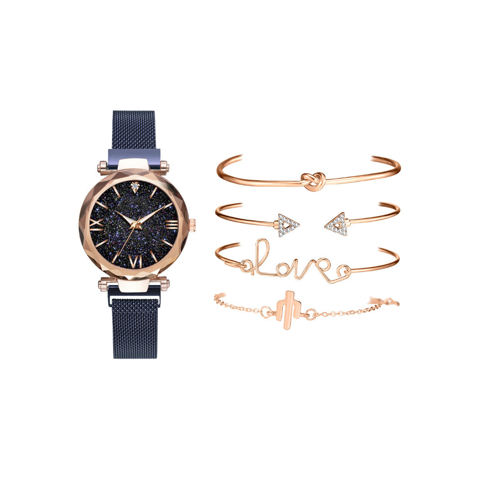 Women Watch and Bracelet Set Magnet Buckle Watch Quartz Wristwatch Bracelet Set Fashion Accessories for Women Girls