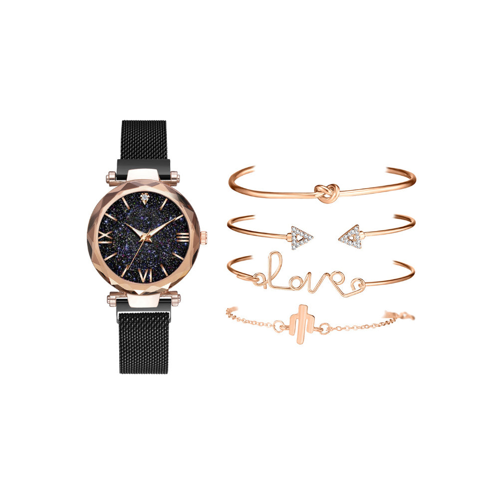 Women Watch and Bracelet Set Magnet Buckle Watch Quartz Wristwatch Bracelet Set Fashion Accessories for Women Girls
