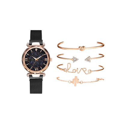 Women Watch and Bracelet Set Magnet Buckle Watch Quartz Wristwatch Bracelet Set Fashion Accessories for Women Girls